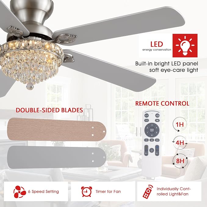 GJeg Crystal Ceiling Fan Fandelier with Lights-Ceiling Fans with Remote Control,Modern Ceiling Fan with Noiseless DC Reversible Motor,Dining Room,Living Room(52" Nickel)