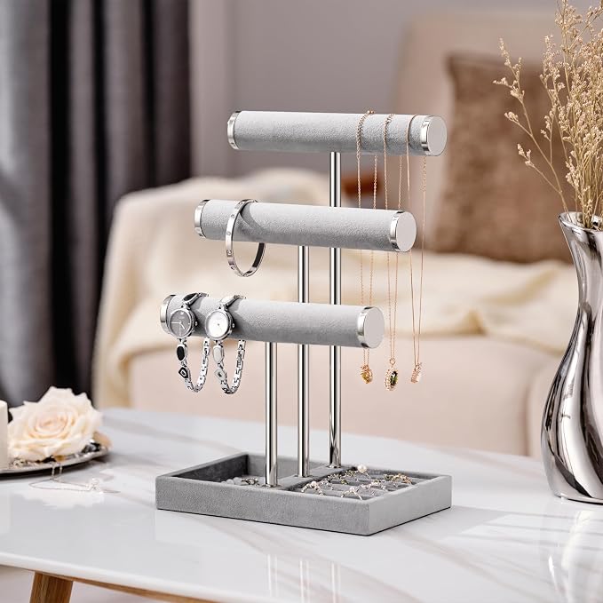 Jewelry Organizer Stand Display, 3 Tier Velvet Bracelet Holder, Grey | Jewelry Organizers and Storage | Jewelry Tree | Jewelry Towers for Necklaces, Bracelets, Earrings, Rings