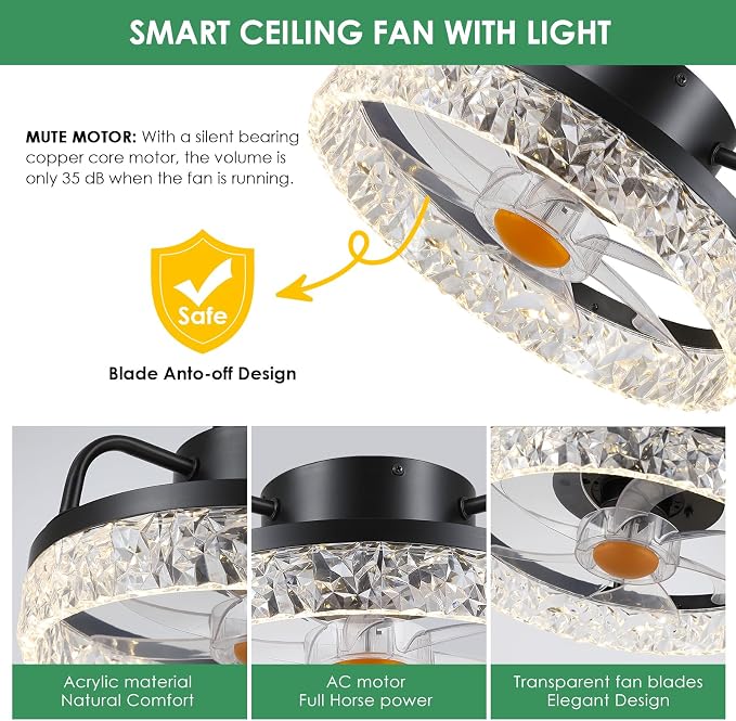 Mpayel 13" Ceiling Fans with Lights and Remote - Flush Mount Low Profile Ceiling Fans - Bladeless Enclosed Fans with Led Light and Stepless Dimming, Small Modern Fan for Bedroom