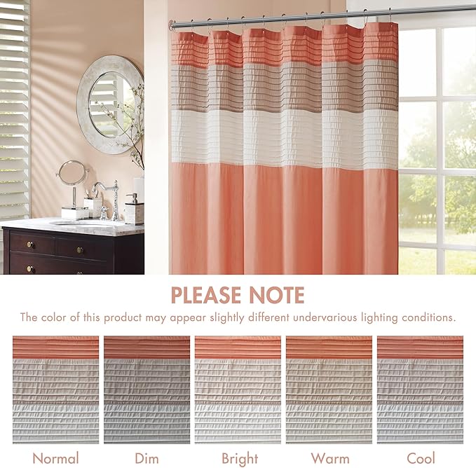 Madison Park Amherst Bathroom Shower Curtain Faux Silk Pieced Striped Modern Microfiber Bath Curtains, 72x84 Inches, Coral
