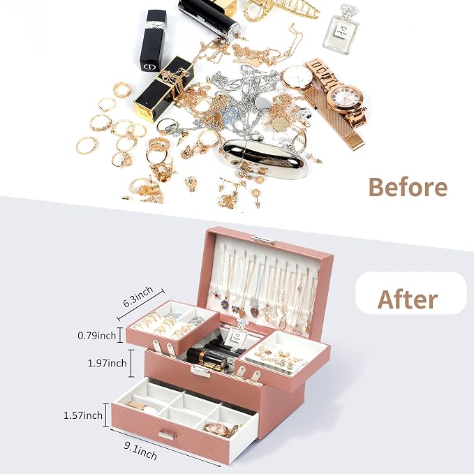 Dajasan Jewelry Organizer Box, Large Jewelry Boxes for Women Girls, Space-Saving 3 Layers Jewelry Storage Case with Drawer, Movable Metal Stand, Modern, Gift Idea (Champagne)