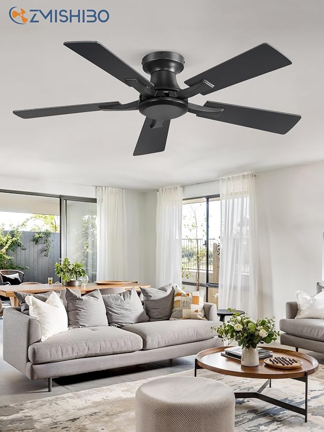 ZMISHIBO 42 Inch Ceiling Fan No Light, Flush Mount Low Profile, Modern Black Ceiling Fan Without Light, Remote Control & Quiet DC Motor, for Indoor&Outdoor, Bedroom, Living Room
