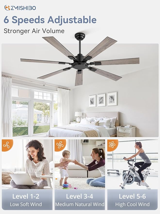 ZMISHIBO 60" Ceiling Fans No Light with Remote, Black Modern Ceiling Fan Without Light, Quiet Reversible DC Motor, 6 Speeds, 7 Blades Indoor/Outdoor Ceiling Fan for Living Room Bedroom Patio Garage