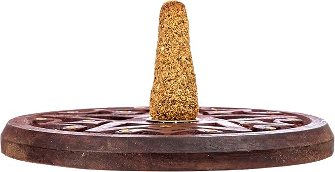 Pentagram Incense Holder - Handcrafted Incense Burner fits 15 Incense Sticks and 1 Incense Cone - Carved Wood, Brass Holders - 5 Inches Wide