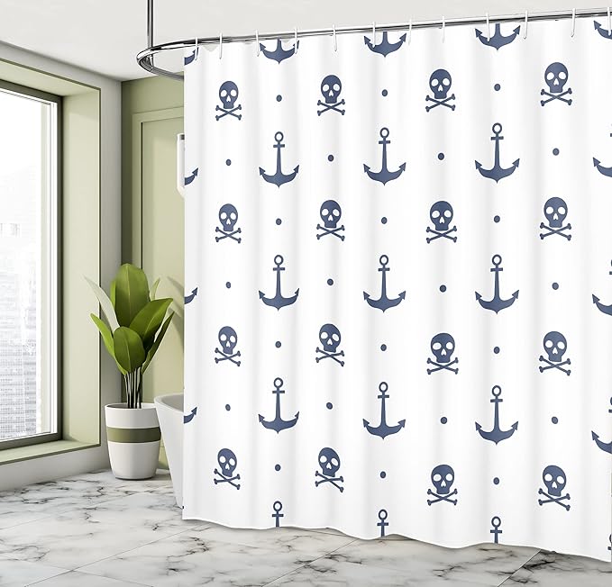 Ambesonne Marine Shower Curtain, Anchors and Skulls Crossed Bones Dots Pirate Horror Fear Seaman Illustration Art, Cloth Fabric Bathroom Decor Set with Hooks, 69" W x 75" L, Navy Blue