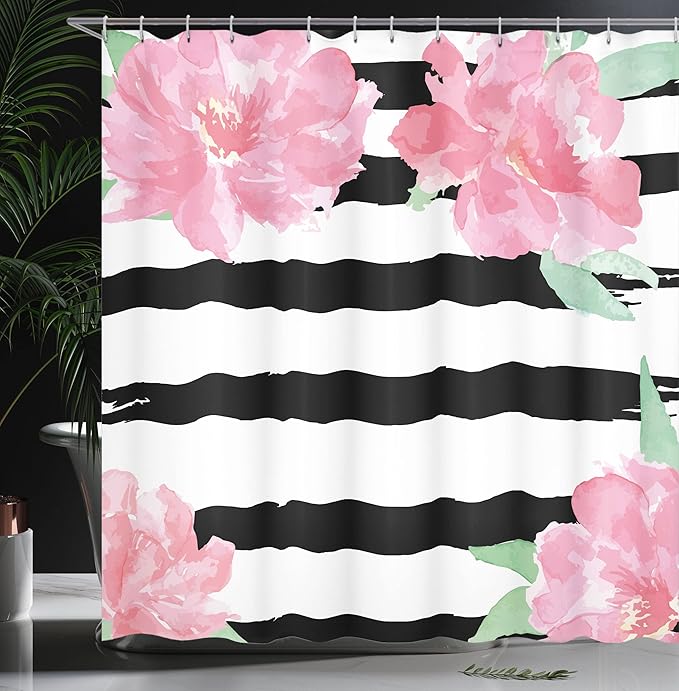 Ambesonne Floral Shower Curtain, Watercolor Peony Flowers with Black Brush Strokes Romantic Spring Print, Cloth Fabric Bathroom Decor Set with Hooks, 69" W x 70" L, Pink White