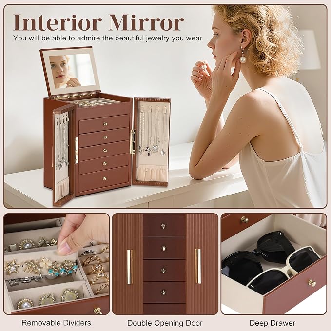 Dajasan Large Jewelry Organizer Box, 6-Tier Jewelry Storage Case with 5 Drawers, Jewelry Boxes for Women Girls with Mirror, Double Door, Textured PU Leather, Gift Idea, Stylish (Brown + Gold)