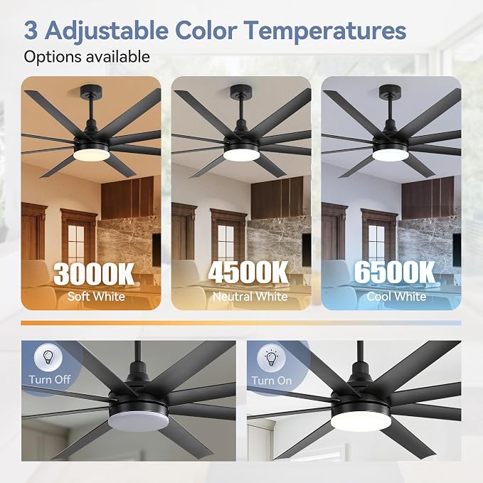72 inch Ceiling Fans with Lights and Remote, 8 Reversible Blades, 6-Speed Quiet DC Motor, Timer, 3 Color LED Light, 2 Downrods, Industrial Black Indoor Ceiling Fan Fandeliers for Bedroom Living Room
