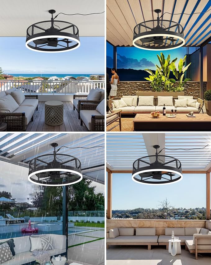 20'' Outdoor Ceiling Fan with Light, IP65 Waterproof Gazebo Hanging Fan, Remote Control, 3CCT, 6-Speed, Plug-in Caged Ceiling Fan for Patio Porch Pergola, Works with Alexa & Google Assistant
