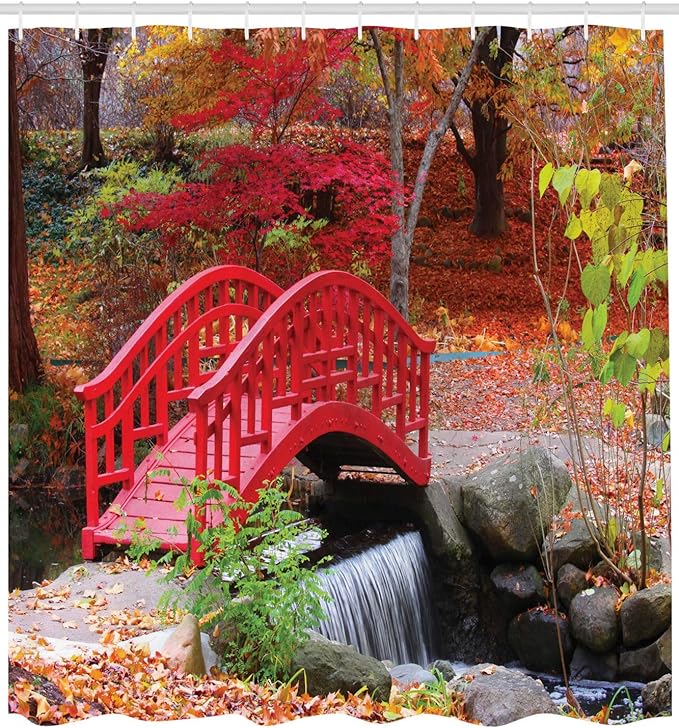 Ambesonne Japanese Shower Curtain, Garden with Oak Colored Little Bridge Nature in November October Fall, Cloth Fabric Bathroom Decor Set with Hooks, 69" W x 70" L, Orange Red