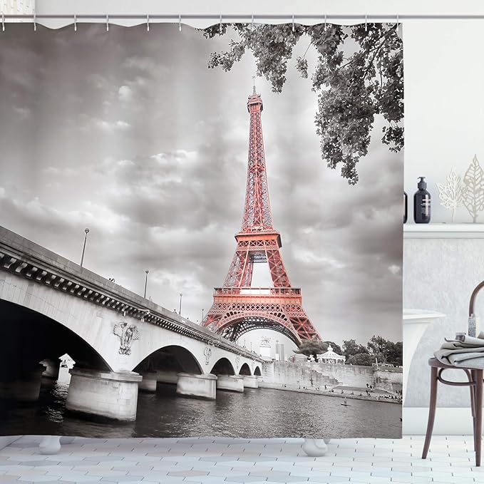 Ambesonne Paris Shower Curtain, Eiffel Tower Bridge Capital City Cloudscape Monochrome Style Picture Print, Cloth Fabric Bathroom Decor Set with Hooks, 69" W x 70" L, Dimgray Salmon