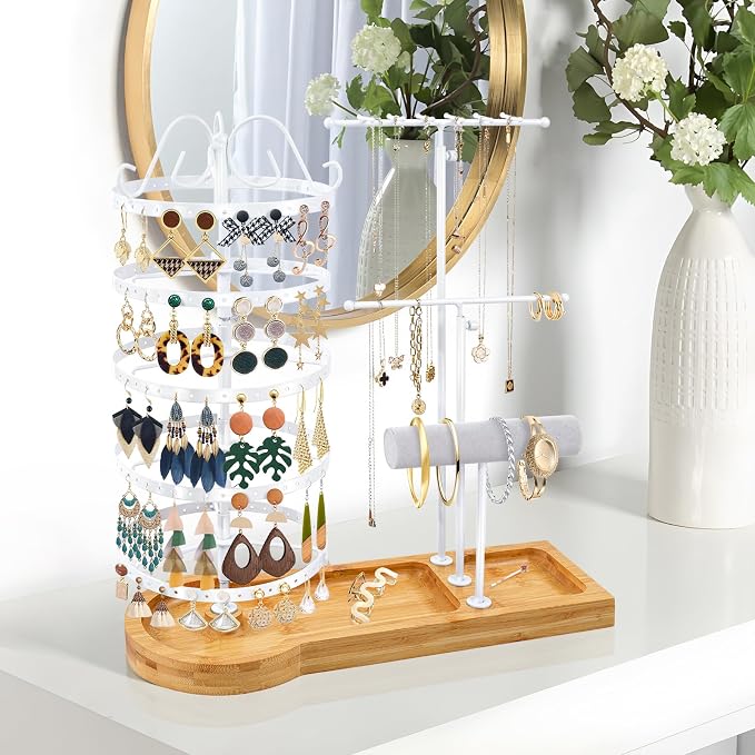 Jewelry Organizer Stand with Bamboo Base, Metal Rotating Earring Holder Organizer, Multi-Functional Adjustable Necklace Rack Holder Bracelet Watch Holder for Jewelry Earrings Ring