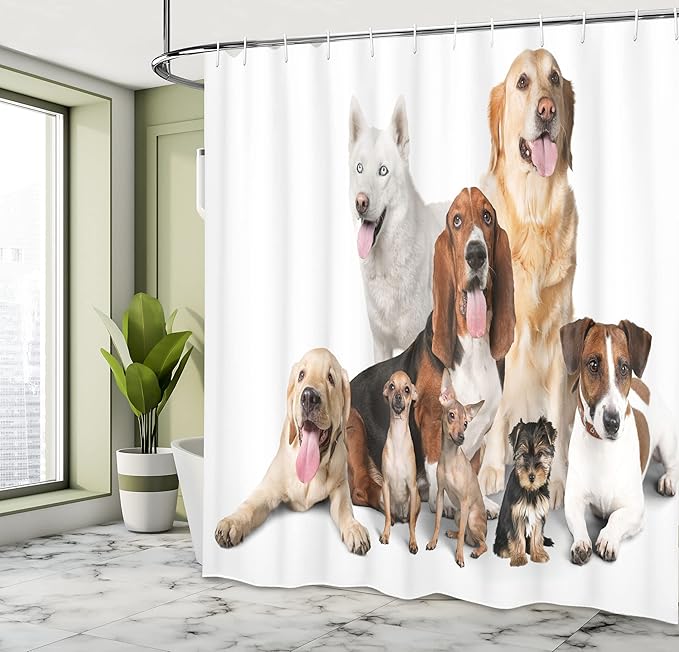 Ambesonne Dog Lover Shower Curtain, Group of Dogs Posing for Photo Shoot Portrait Togetherness Companionship Print, Cloth Fabric Bathroom Decor Set with Hooks, 69" W x 70" L, Brown Beige