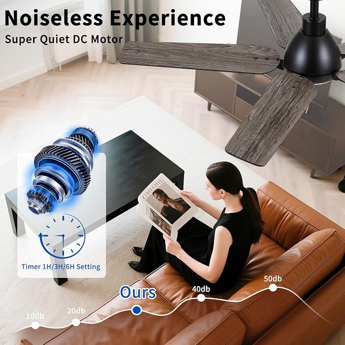 52 Inch Ceiling Fan with Light and Remote Control, Black | 6-Speed Quiet Reversible DC Motor, 3CCT Dimmable 24W LED Light,5 Wood Blades,Used for Bedroom, Living Room, Covered Patio