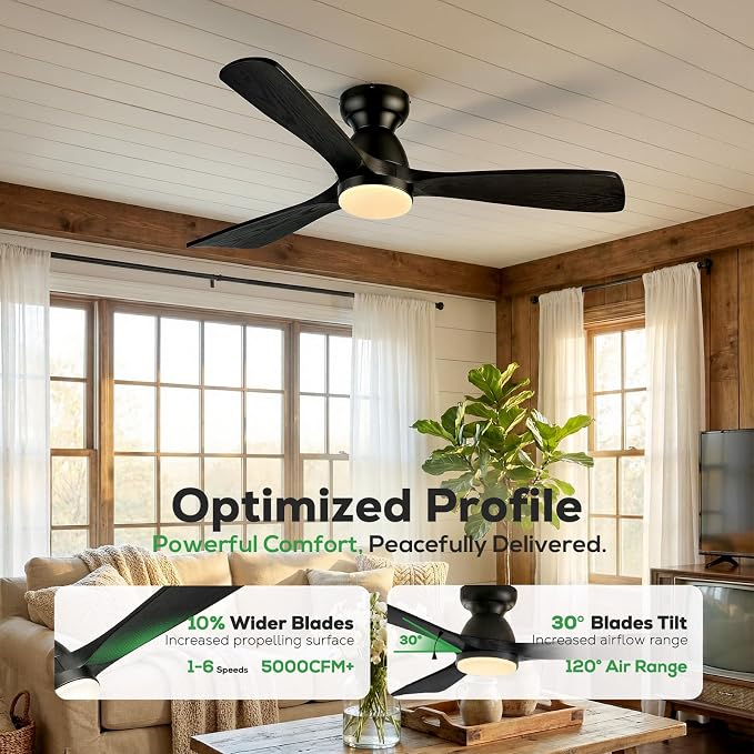 60in Smart Flush Mount Ceiling Fans with Lights,Outdoor Low Profile Ceiling Fan Quiet DC Motor,Work with Alexa/Gg Voice Control/App/Remote,Dimmable,6-speed,3 Wood blades Fan for Patio,Black
