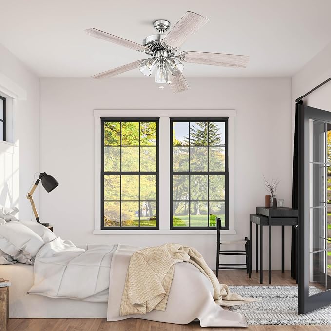Prominence Home Saybrook Modern Farmhouse 52 Inch Ceiling Fan with Light, LED Ceiling Fan, Tri-Mount Indoor Fan with 5 Blades, Gray Oak and Brown Walnut Blade Finish Options, Matte Nickel (51592-01)