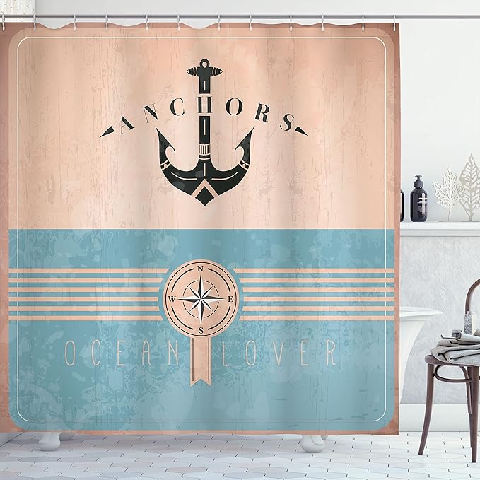 Ambesonne Nautical Shower Curtain, Vintage Marine Design for Ocean Lovers Anchor Compass and Stripes, Cloth Fabric Bathroom Decor Set with Hooks, 69" W x 70" L, Champagne