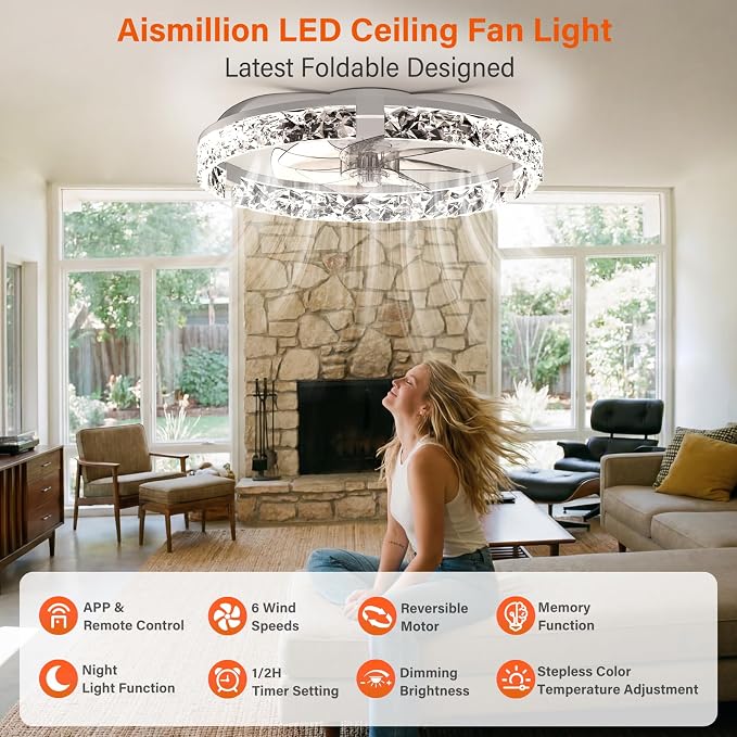 Ceiling Fans with Lights and Remote,20''Low Profile Ceiling Fan,3000-6000K Dimmable Modern Flush Mount LED Fan Light,6 Wind Speeds for Bedroom (White, 20-inch Foldable Diamond)