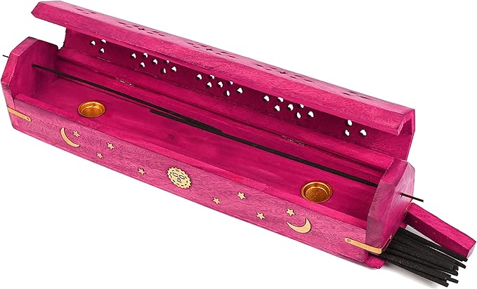 Incense Garden Pack of 2 Incense Stick Holder - Coffin Style - Wood Incense Stick Burner with Sun Moon Star Handmade with Brass Inlays (Pink)