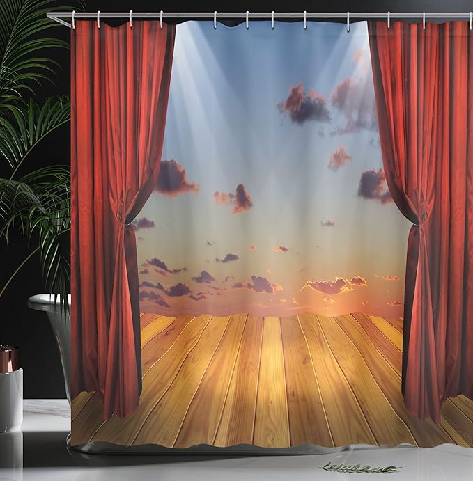 Ambesonne Musical Theatre Shower Curtain, Abstract Dreamlike Fantasy Stage with Drapes Dramatic Cloudy Sunset Sky, Cloth Fabric Bathroom Decor Set with Hooks, 69" W x 70" L, Multicolor