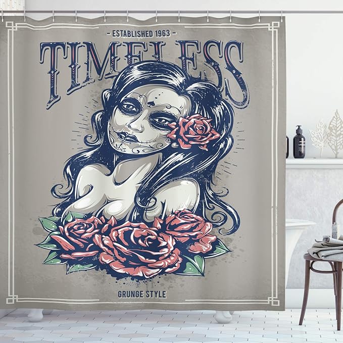 Ambesonne Skull Shower Curtain, Day of The Dead Girl with Tattoos Roses Lady Witch Woman Sign Art Print, Cloth Fabric Bathroom Decor Set with Hooks, 69" W x 70" L, Night Blue