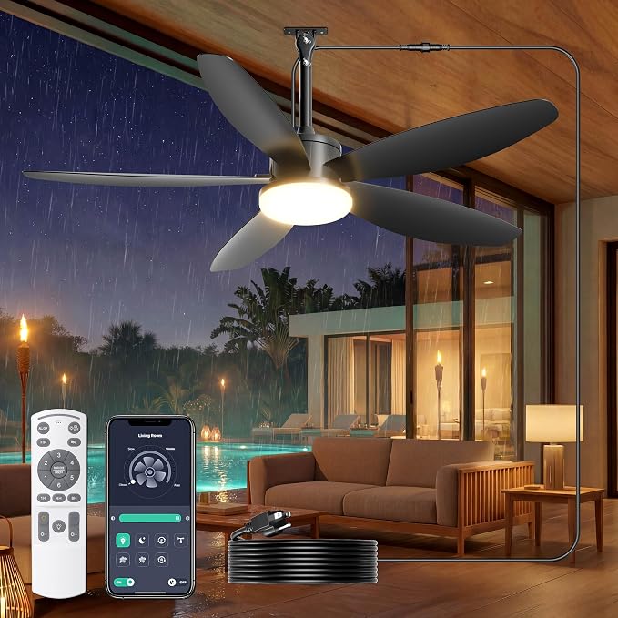 Outdoor Ceiling Fan with Lights, 42 Inch Plug in Gazebo Fans with Remote APP Control, Quiet DC Motor, Dimmable 3CCT, Waterproof Hanging Fans for Patios, Porch, Black