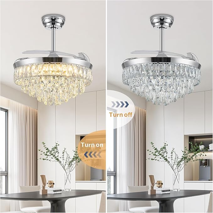 42'' Chandelier Ceiling Fan with Lights, Retractable Fan with Remote and APP, Crystal Fandelier Ceiling Fan, Dimmable LED, Reversible Motor, Quiet for Bedroom Living Room-Chrome