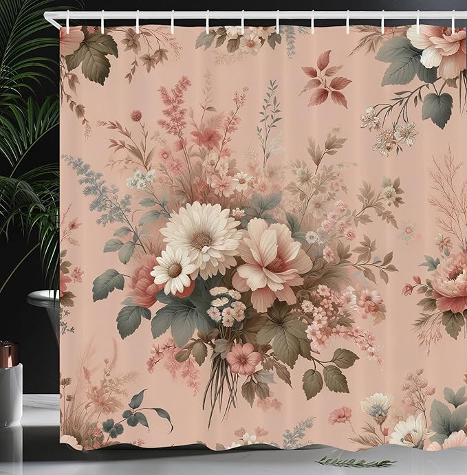 Ambesonne Floral Shower Curtain, Vintage Farmhouse Delicate Wild Flowers Arrange on Pastel Plain Back, Cloth Fabric Bathroom Decor Set with Hooks, 69" W x 75" L, Blush Pale Reseda Green