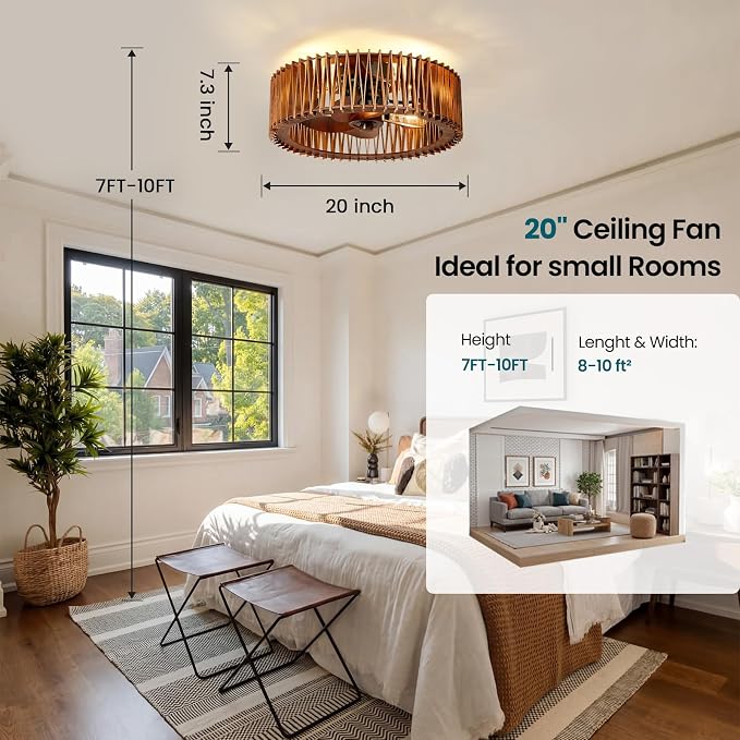 20" Flush Mount Ceiling Fan with Light, Wooden Caged Low Profile Fandelier with Remote, 6-Speed Reversible Bladeless Fan, Farmhouse Ceiling Fan for Bedroom, Kitchen, Living Room