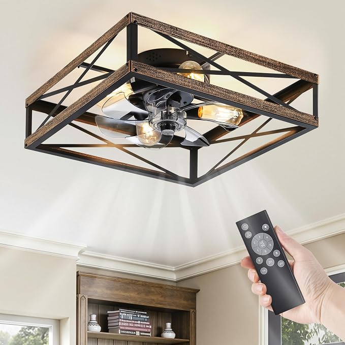 LEDIARY 20” Caged Low Profile Square Ceiling Fans with Lights and Remote | 6 Speed and Reversible, Small Farmhouse Rustic Bladeless Ceiling Fan Flush Mount for Bedroom, Kitchen, Dining Room