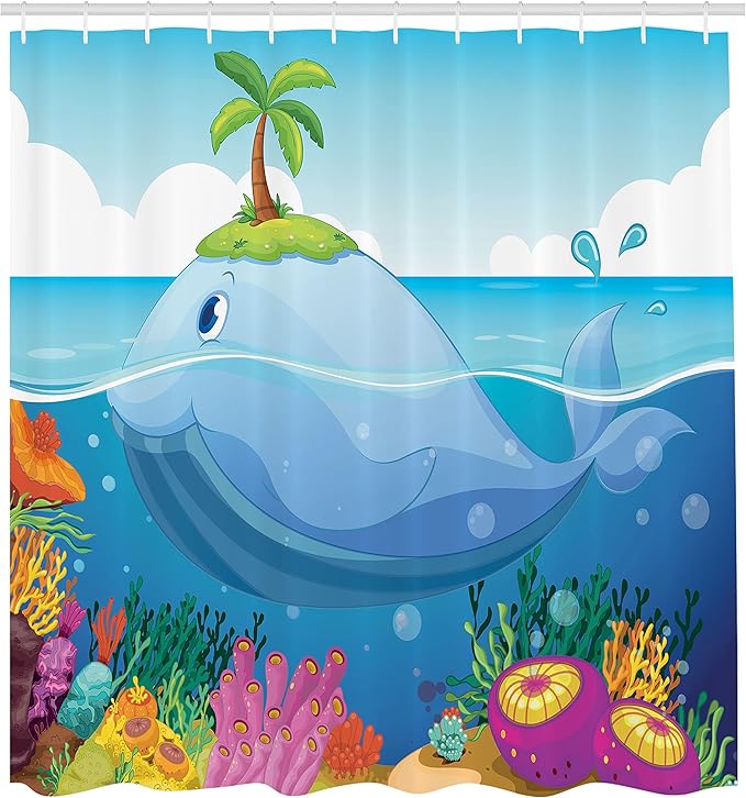 Ambesonne Cartoon Shower Curtain, Dolphin with Tiny Tree on His Head in The Water with Sea Plants Cartoon Art, Cloth Fabric Bathroom Decor Set with Hooks, 69" W x 70" L, Blue Green Purple