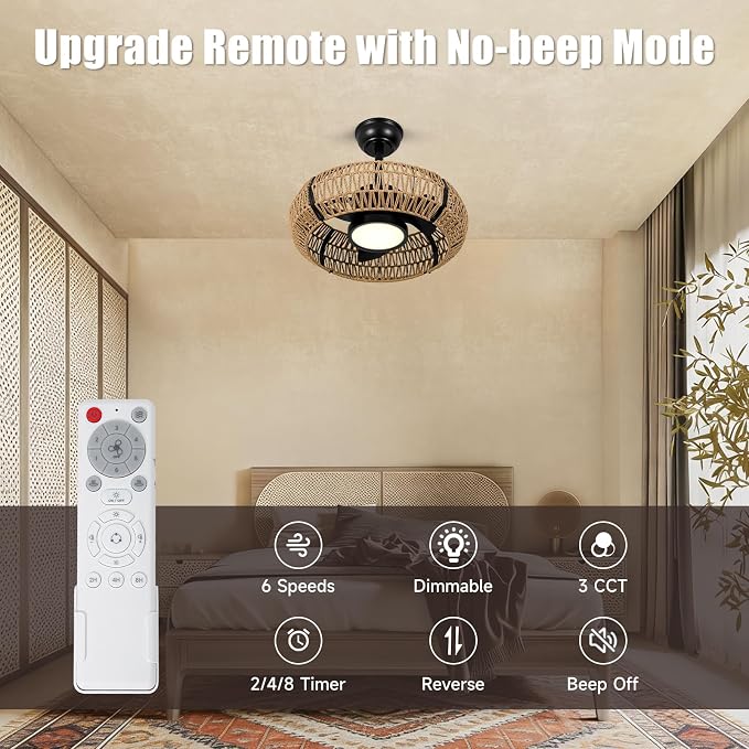 ocioc 20" Caged Ceiling Fans with Lights and Remote,Fandelier Ceiling Fan with Light,Bladeless,Quiet Reversible DC Motor,Rattan Boho Ceiling Fan for Bedroom,Living Room