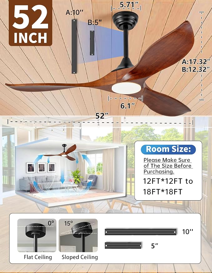 52 Inch Solid Wood Outdoor Ceiling Fans with Lights and Remote,3 Blade Modern Ceiling Fan with Wall Control Switch,Dimmable,Quiet Noiseless DC Motor for Patios,Farmhouse,Living Room,Bedroom