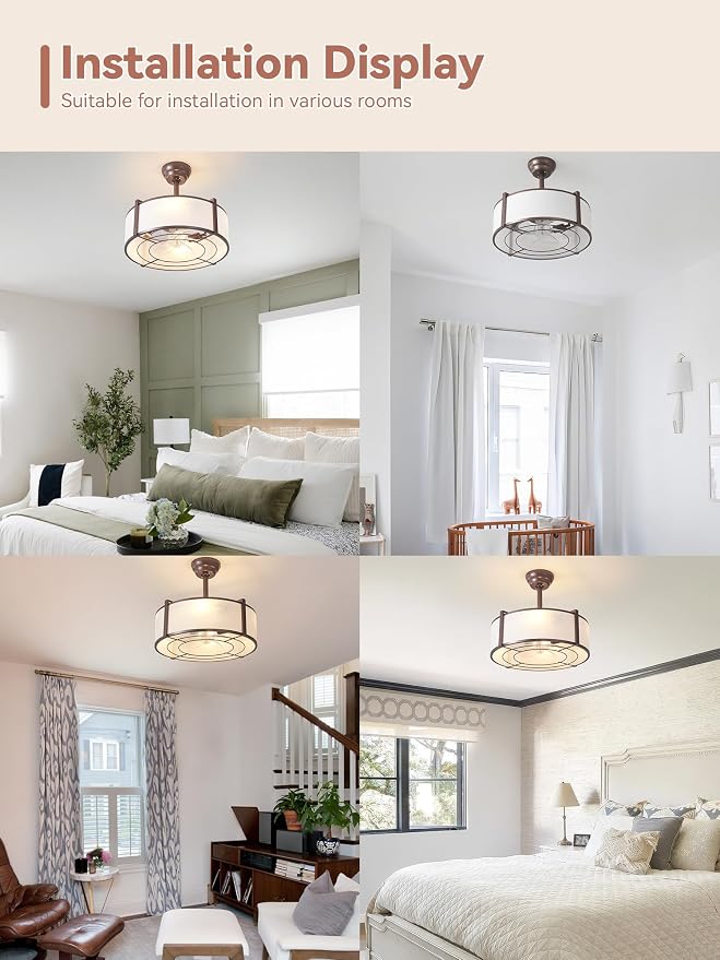 20" Brown Fandelier Ceiling Fans with Lights, Boho Rattan Ceiling Fan with Light Remote Control, Caged Mid-Century Modern with 6 Speeds for Bedroom, Nursery, Living Room