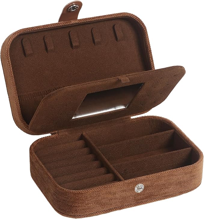 Hatori Travel Jewelry Box, PU Leather Small Jewelry Organizer for Women Girls, Double Layer Portable Mini Travel Case Display Storage Holder Boxes for Stud Earrings, Rings (Brown Mirror)