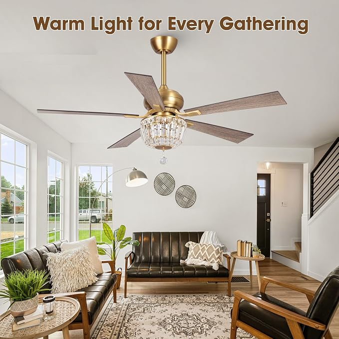 52" Crystal Ceiling Fan with Lights and Remote, Antique Bronze Chandelier Fan, Quiet 3-Speed Motor, 2-Light E12 Base, Elegant Fandelier for Bedroom Dining Room Living ROOM