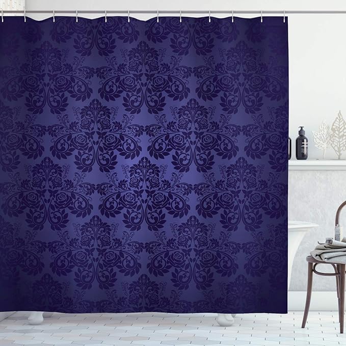 Ambesonne Dark Purple Shower Curtain, Royal Floral Damask Motifs Antique Design Vintage Victorian Print, Cloth Fabric Bathroom Decor Set with Hooks, 69" W x 84" L, Dark Blue