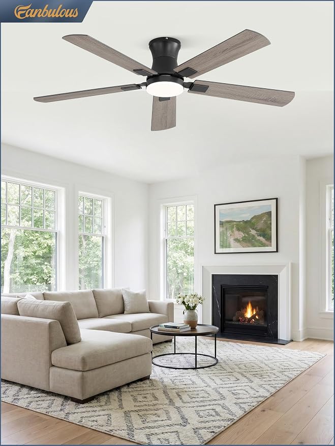 Fanbulous 52 inch ceiling fan with light, Low Profile Ceiling Fan with Light, App&Remote Control, Dimmable LED Light, Flush Mount Ceiling Fan for Indoor Bedroom Living Room, Qiuet DC Motor, Black