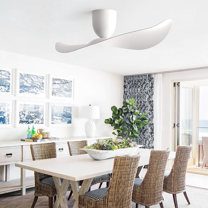 52" White 2 Blades Flush Mount Ceiling Fan with Remote, No Light | Modern Low-Profile, Heat Resistant ABS Blades, 6-Speed Reversible Quiet DC Motor for Balcony, Living Room, Bedroom