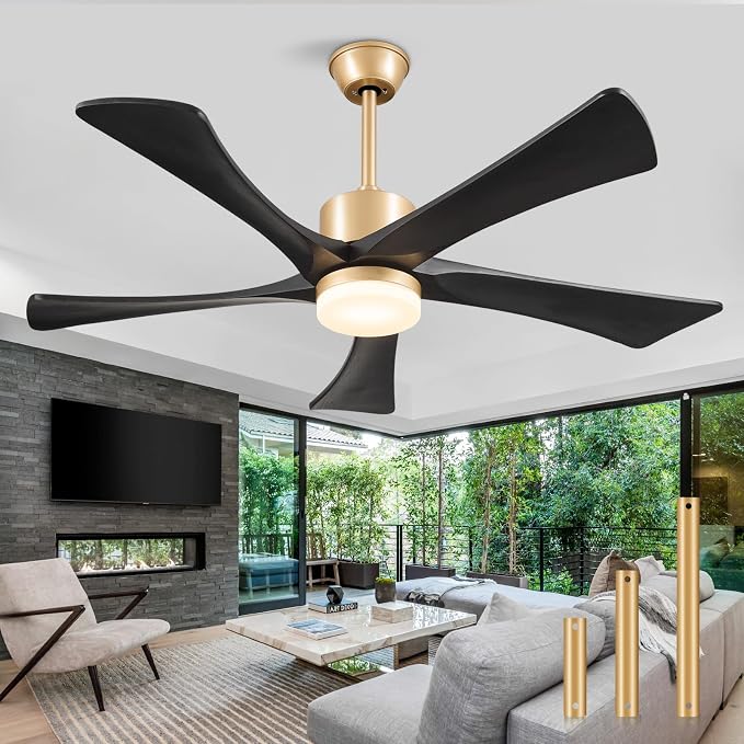 52" Black and Gold Ceiling Fan with Lights and Remote, Outdoor Ceiling Fan for Patios, USA Original Patent, ETL Listed, 5 Blade, 3 Downrods, 6 Speeds Reversible DC Motor Fan, 52", Gold Black