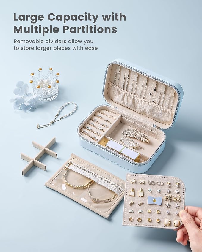 Lolalet Travel Jewelry Case for Women Girls, PU Leather Jewelry Organizer with Clear Storage Bag Small Portable Jewelry Box for Necklace Bracelet Earring Ring Birthday Bridesmaid Gifts -Medium/Blue