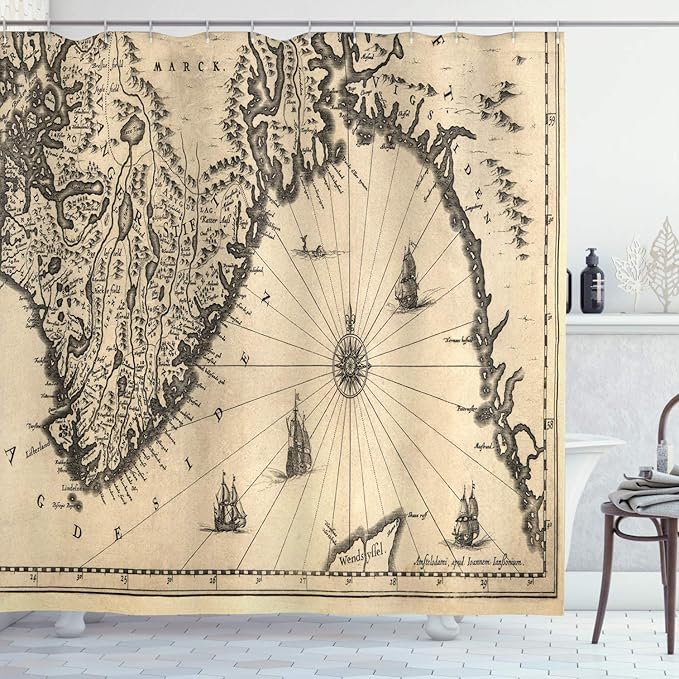 Ambesonne World Map Shower Curtain, Map of Southern Part of The Norway Vikings World Old Scandinavian Land, Cloth Fabric Bathroom Decor Set with Hooks, 69" W x 75" L, Cream Grey