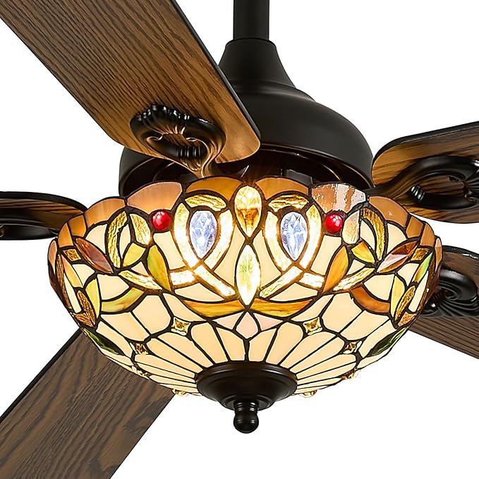 52" Tiffany Style Ceiling Fans with Lights, Vintage Chandelier Ceiling Fan with Stained Glass Shade, Dimmable LED, 6 Speeds Reversible for Bedroom (Gem Art)