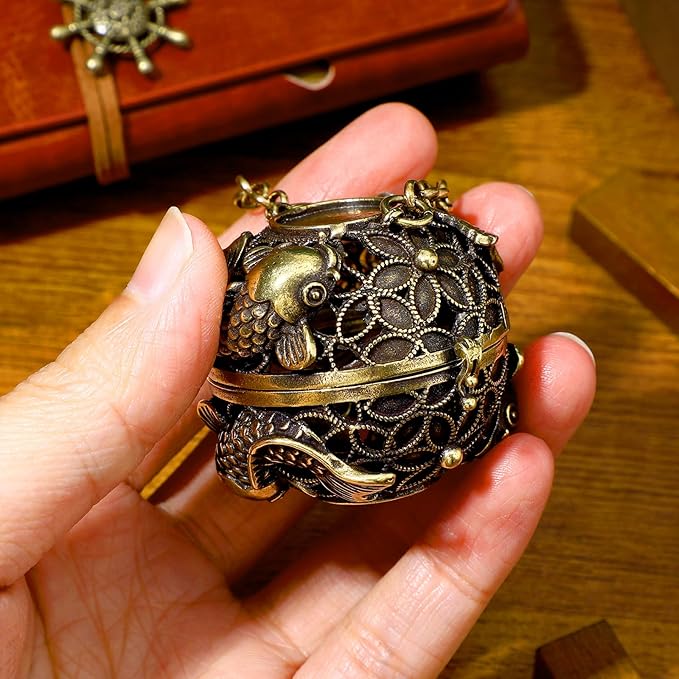 GANAZONO Copper Aromatherapy Ball Incense Burner Hollow Design with Hanging Chain for Home Fragrance Meditation and Room Purifying 4.5X4.5X4.6 Inch