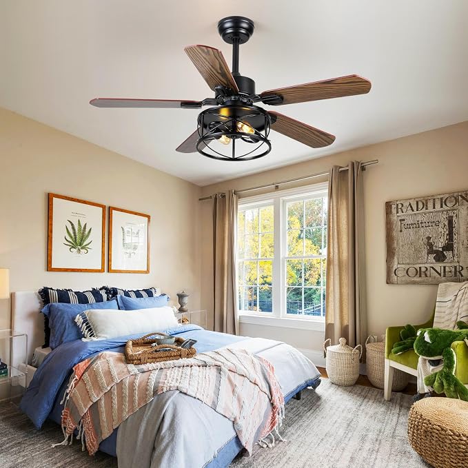 Hounberi 42 Inch Farmhouse Ceiling Fan with Light, Rustic Caged Ceiling Fans with Lights and Remote, Dual Finish 5 Blades, 6 Speeds, Reversible DC Motor, Vintage Rustic Ceiling Fans for Living Room