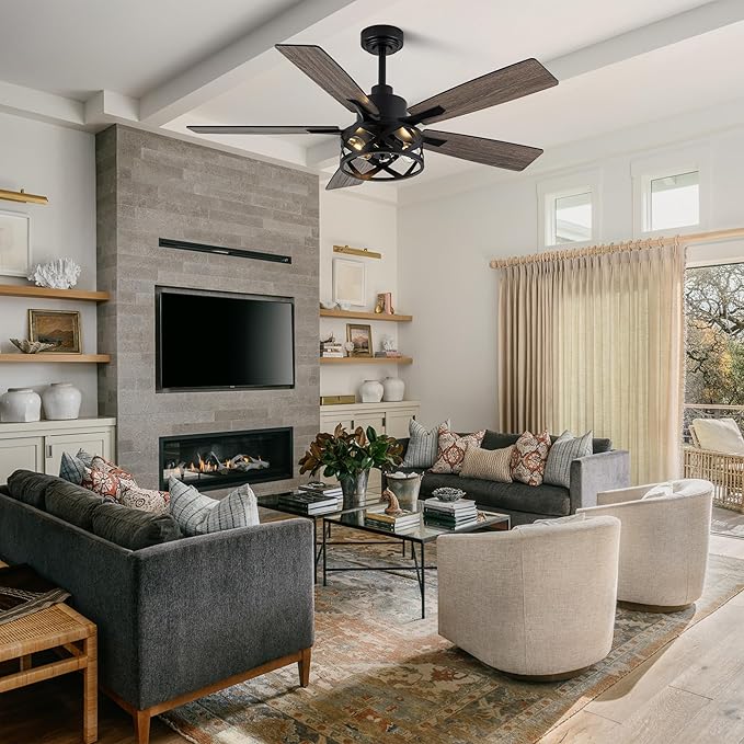Dawn Whisper 52 Inch Farmhouse Ceiling Fans with Lights and Remote Quiet and Reversible DC Motor Black Industrial Rustic Caged Ceiling Fan for Bedroom Living Room Covered Patio