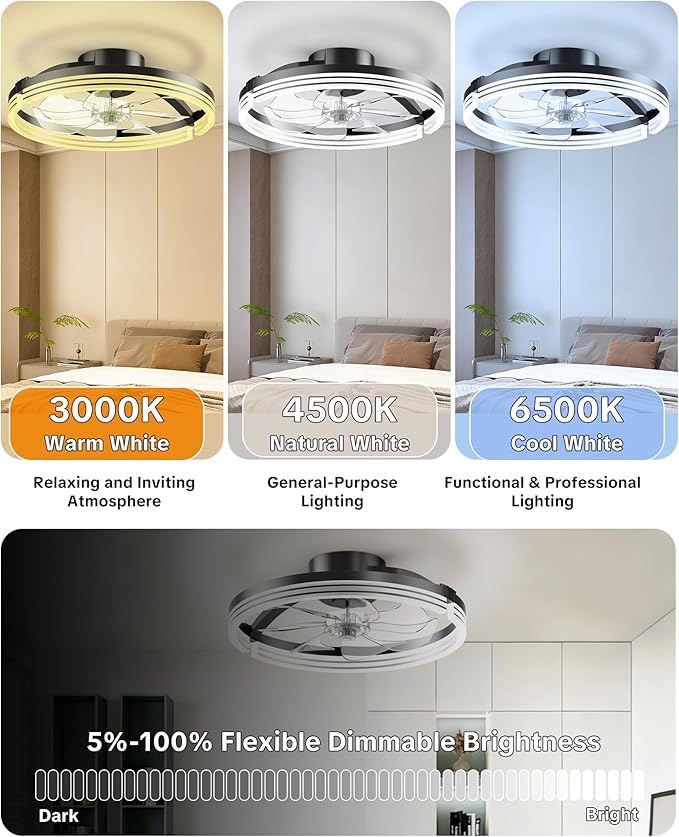 Ceiling Fans with Lights and Remote, Low Profile Ceiling Fan, Morden Flush Mount LED Fan Light, 3000K-6500K Dimmable for Bedroom, Kitchen, Living Room, Striped, Black