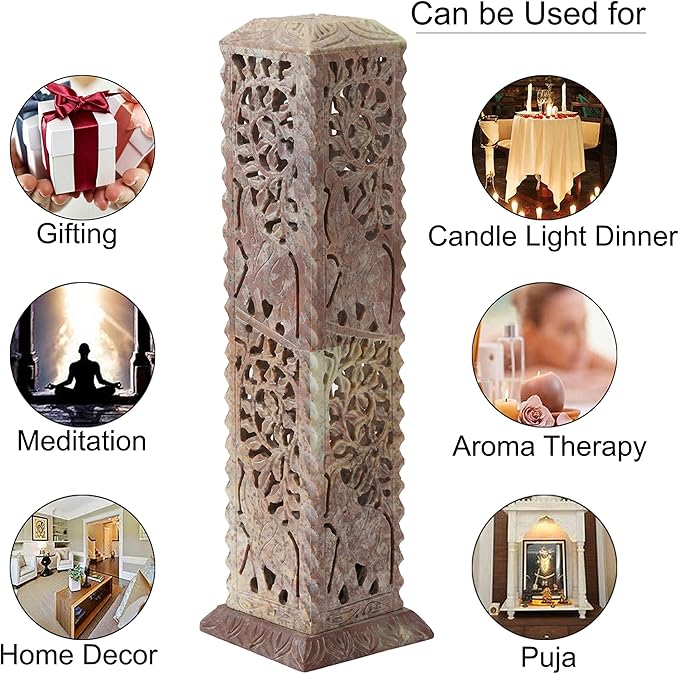 Carry Me Handmade Marble Soapstone Incense Stick Burner | Candle Stick Holder | Tea Light Stand - Perfect Elephant Carving for Gifting. Decorative Home and Kitchen Decor (3 x 3 x 11 Inches)