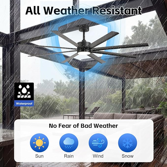 72 Inch Waterproof Outdoor Ceiling Fan with Light, Smart Ceiling Fan with Alexa/APP Control, 8 Modern Black Aluminum Blades, Large Airflow Reversible Quiet DC Motor, Wet-Rated for Patios Gazebo Garage