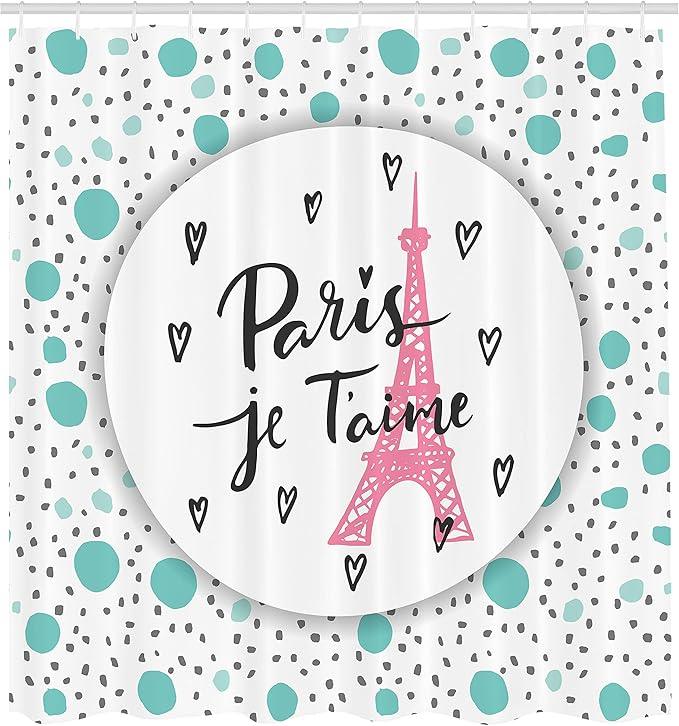 Ambesonne Paris Shower Curtain, I Love You Lettering Fashion Modern Background Europe Architecture, Cloth Fabric Bathroom Decor Set with Hooks, 69" W x 84" L, Turquoise Grey